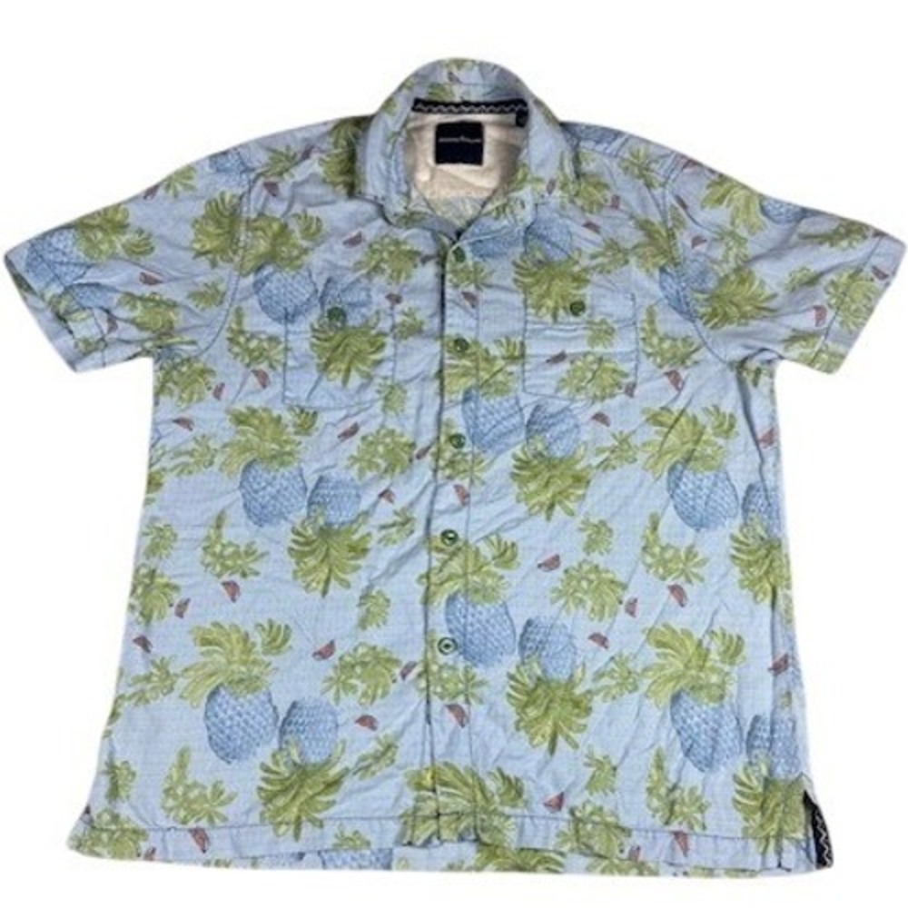 Tommy Bahama Shirt Mens Large Blue Silk Pineapple Print Camp Button Down T310487